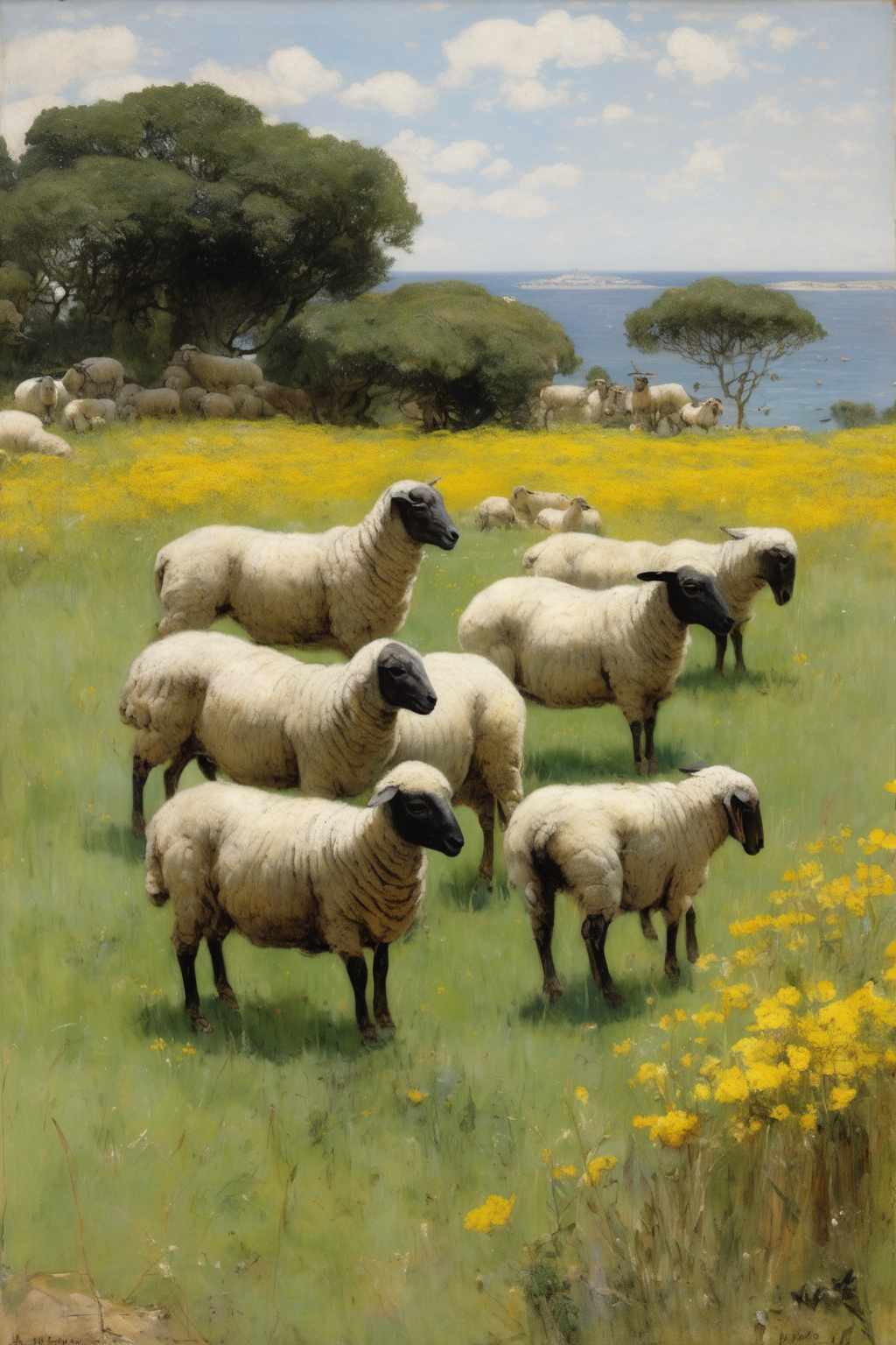 00575-1550387777-Jules Bastien-Lepage Style - a herd of sheeps grazing in the foreground. In the background are two boys catching butterflies on.png